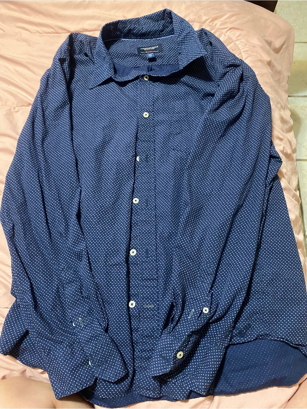 American Eagle Outfitters Navy Blue Dot-Print Button-Down Shirt